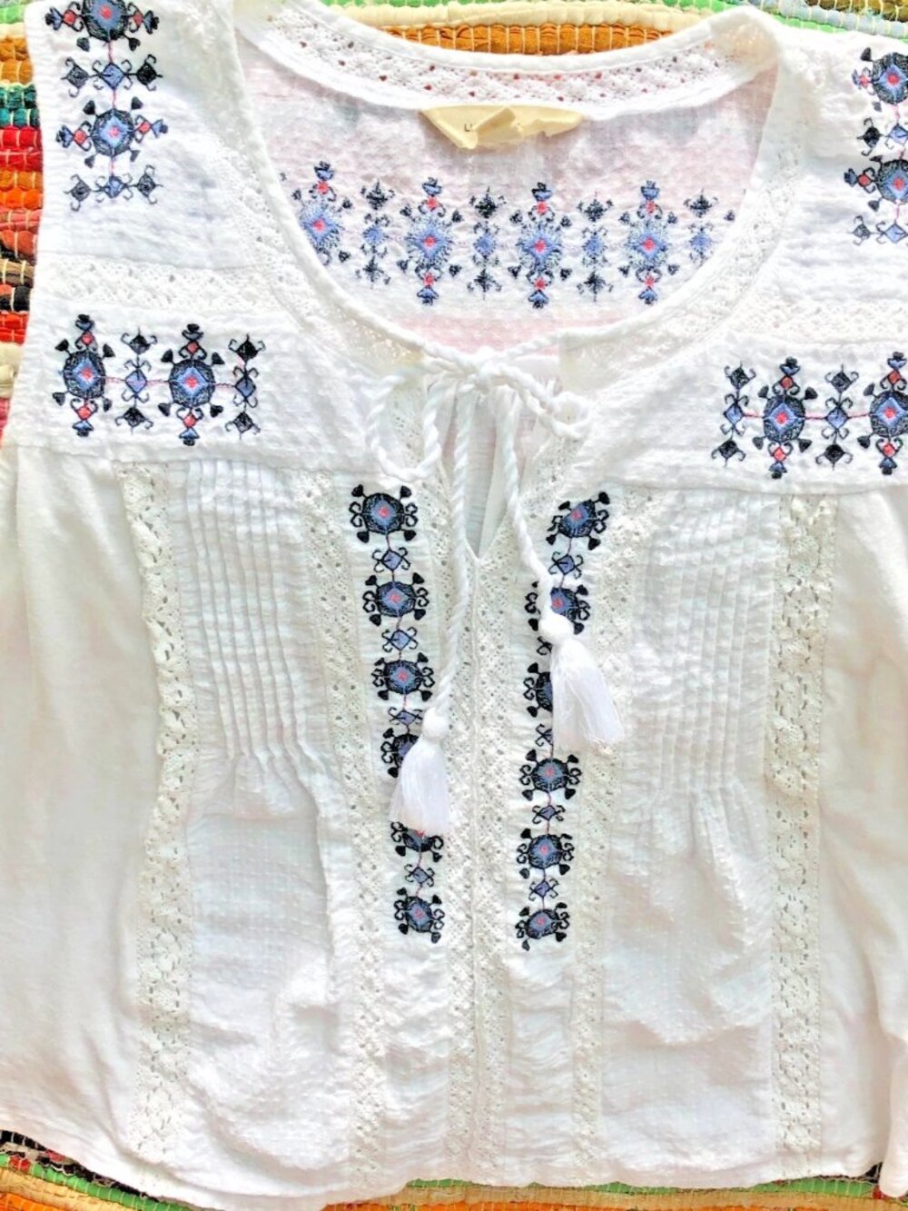 Lucky Brand Womens Sleeveless Boho Peasant Top White Embroidered Crochet Size S - Picture 10 of 10
